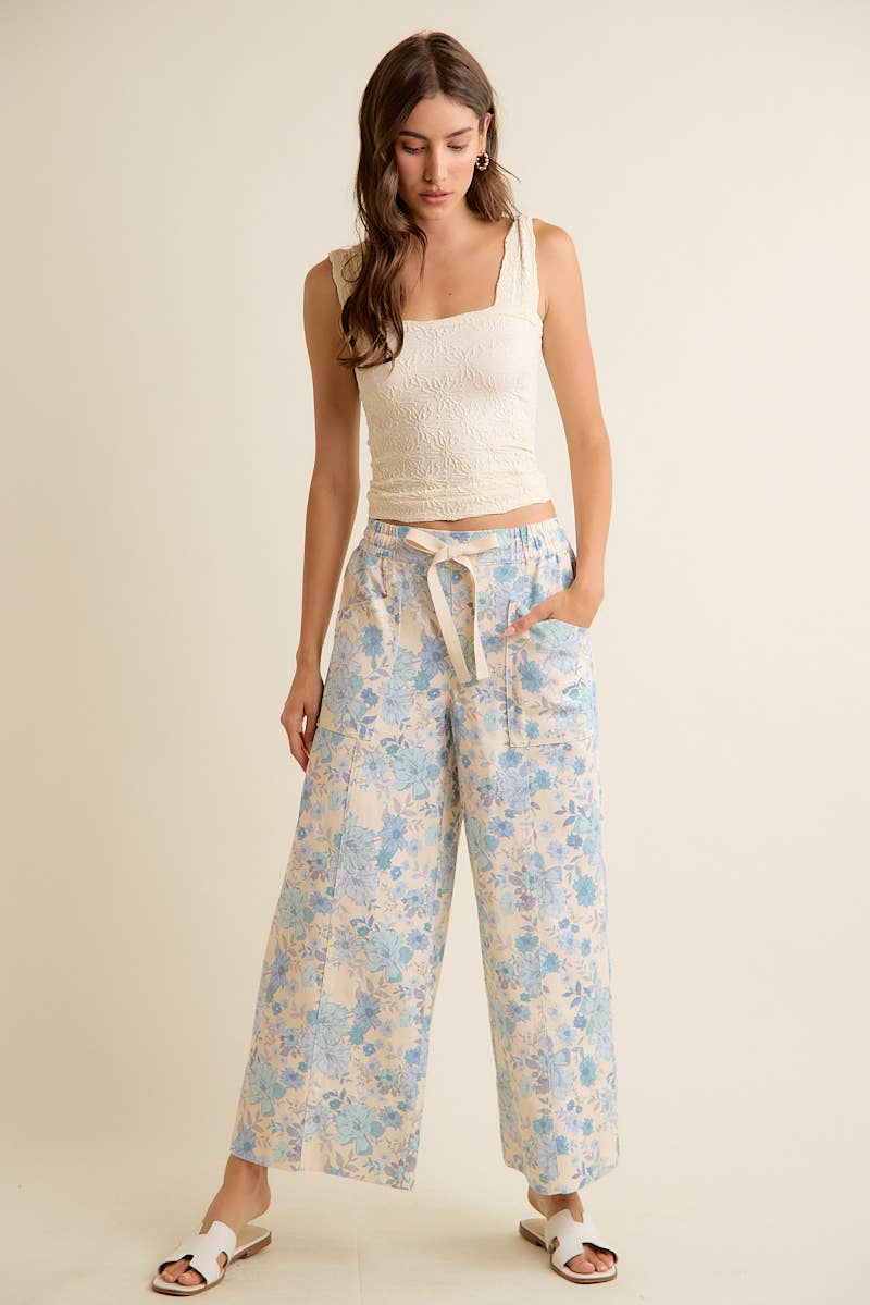 FLORAL COTTON TWILL ELASTICIZED WAIST WIDE PANTS