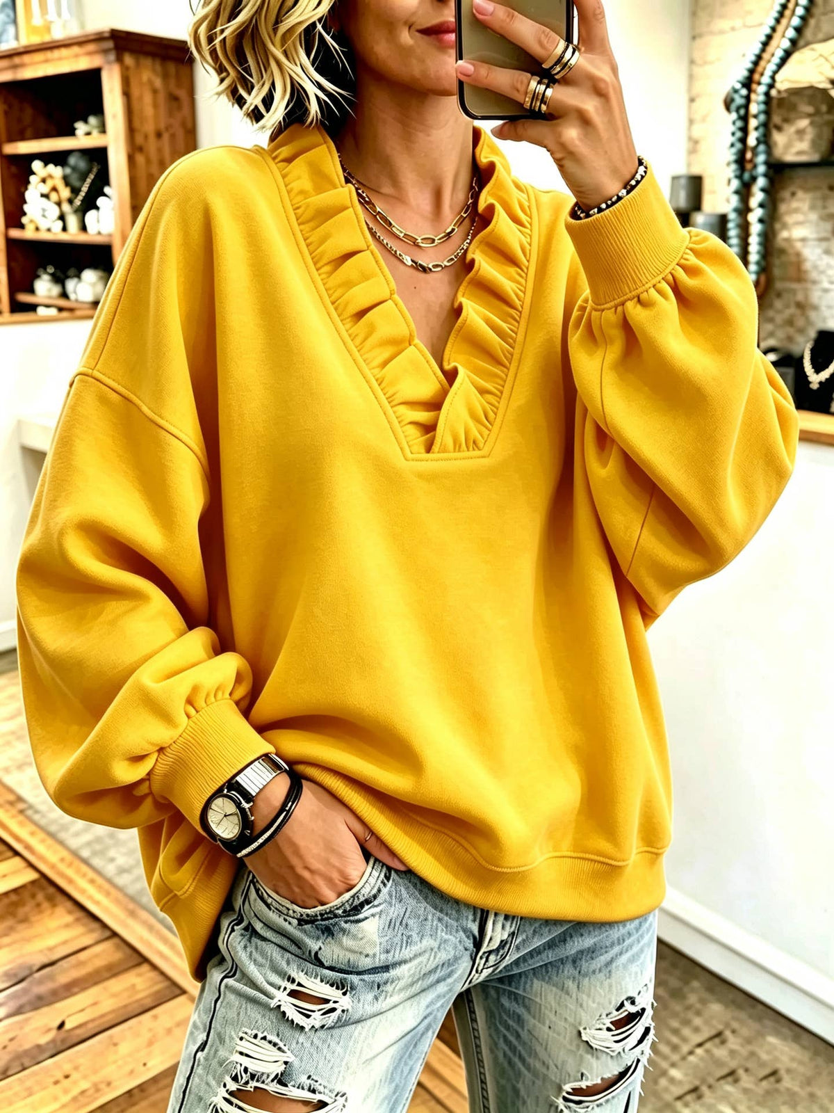 Ruffle V-Neck Loose Casual Sweatshirt
