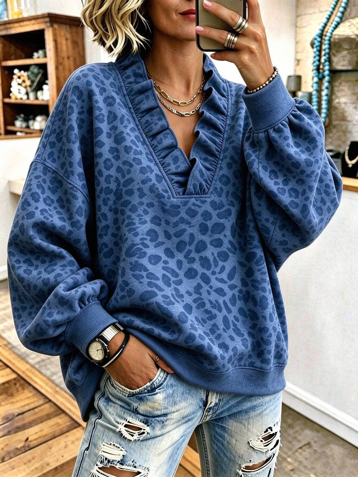 Ruffle V-Neck Loose Casual Sweatshirt