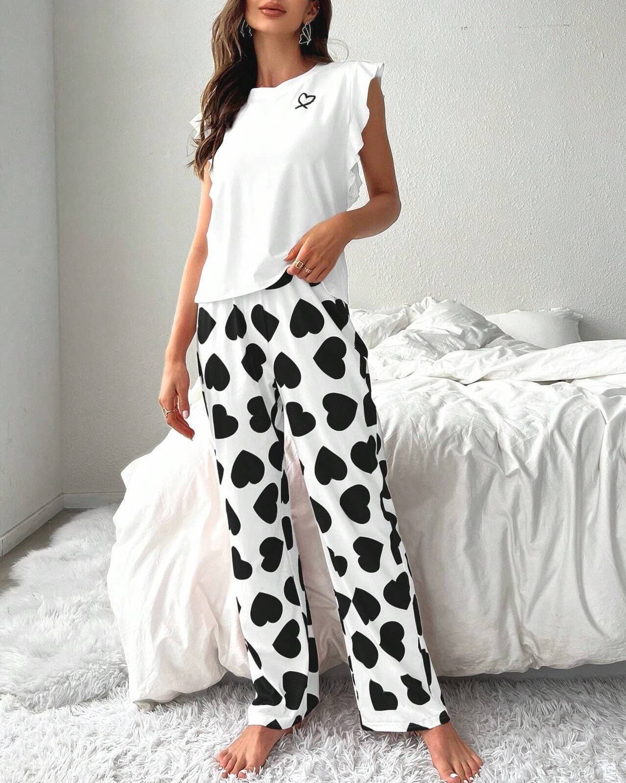 Heart Print Ruffled Sleeveless Top & Pants Pajama Set