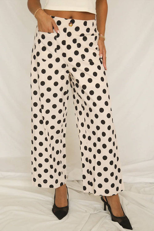 White Polka Dot Print Patched Pocket Loose Pants