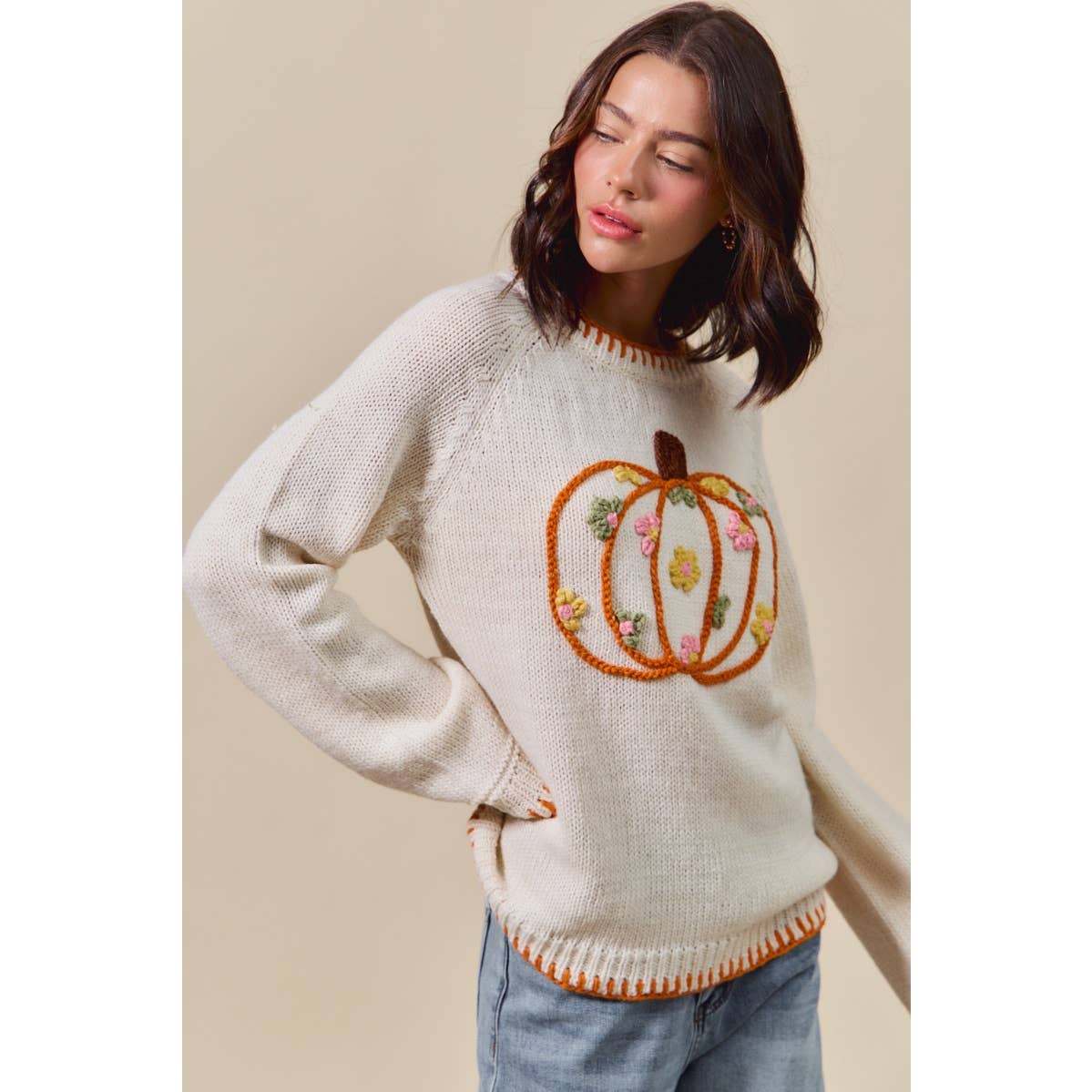 PUMPKIN FLORAL EMBROIDERED THANKSGIVING SWEATER