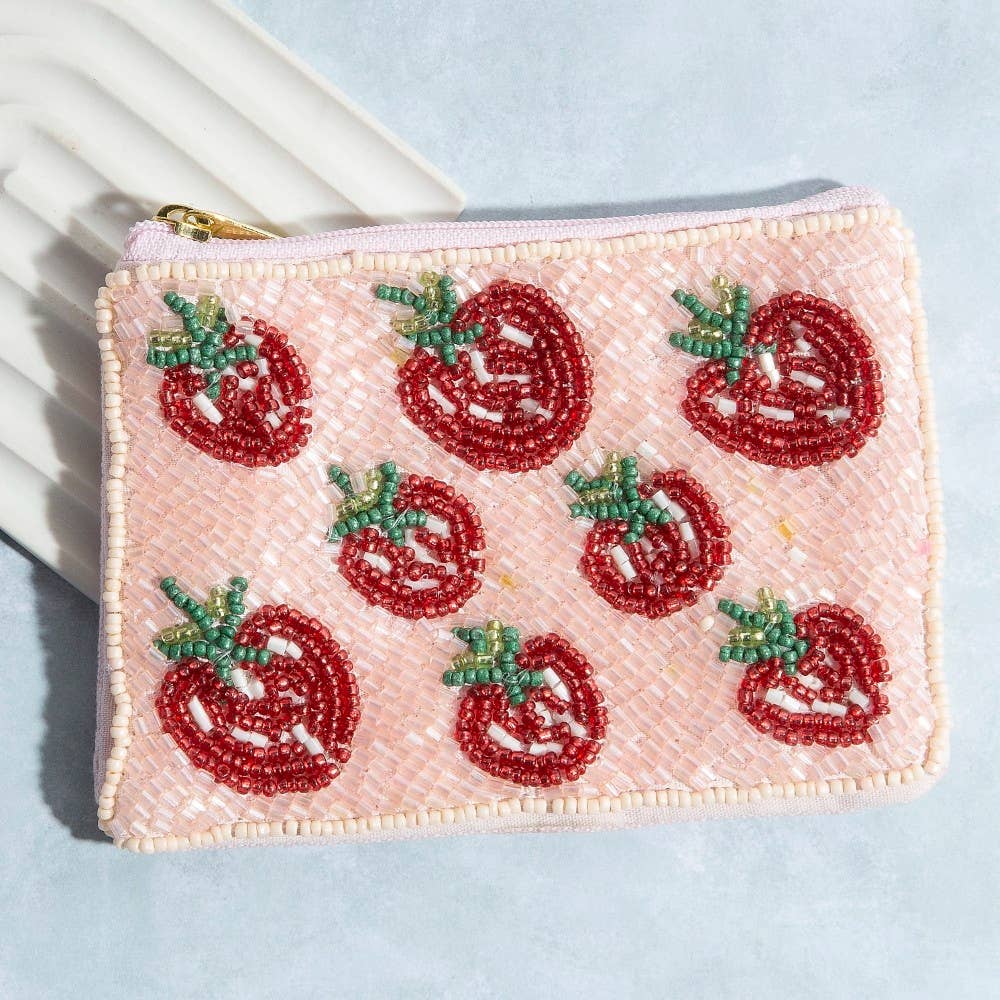 Strawberry Themed Seed Beaded Coin Purse
