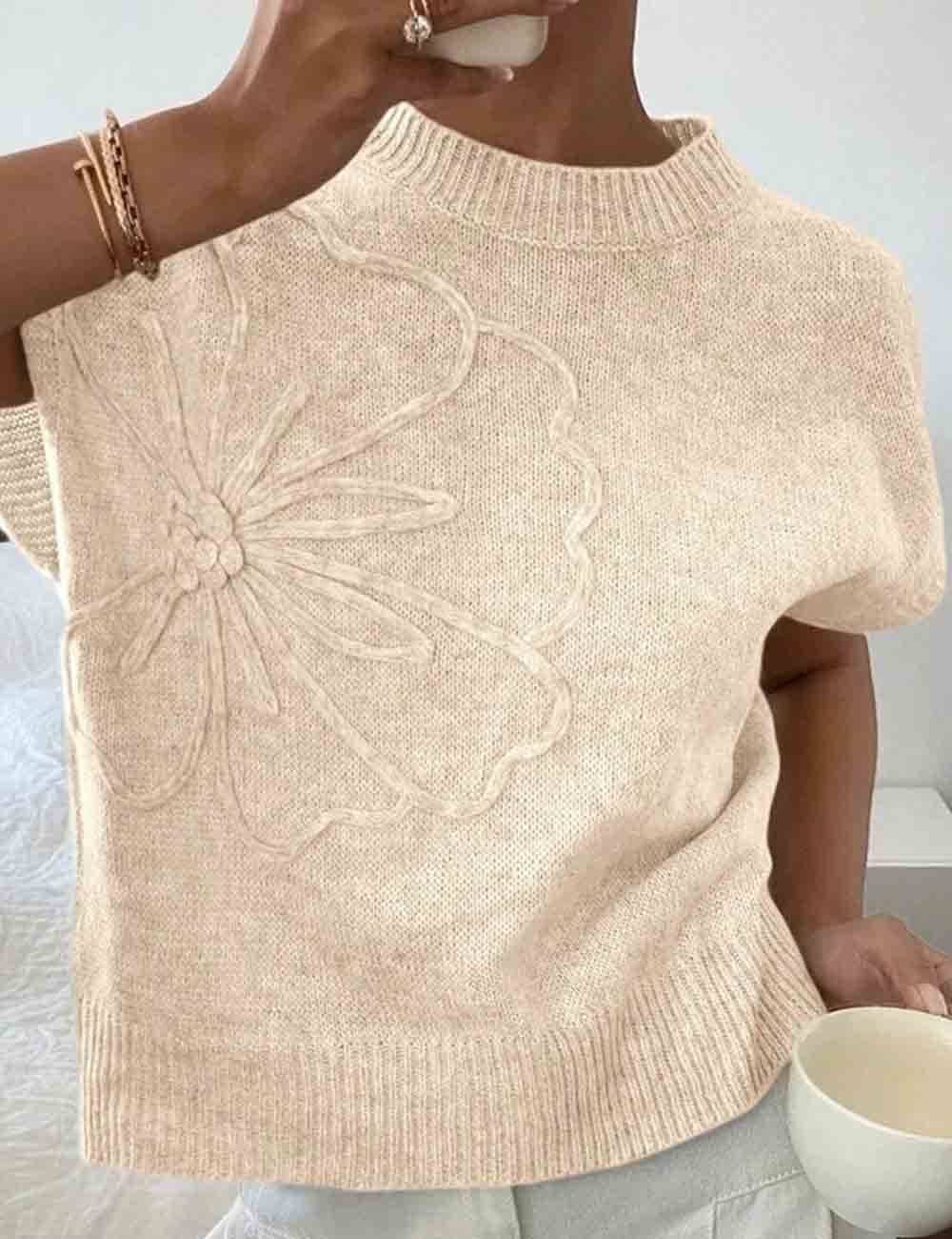 Ladies Round Neck Floral Jacquard Ribbed Knit Vest
