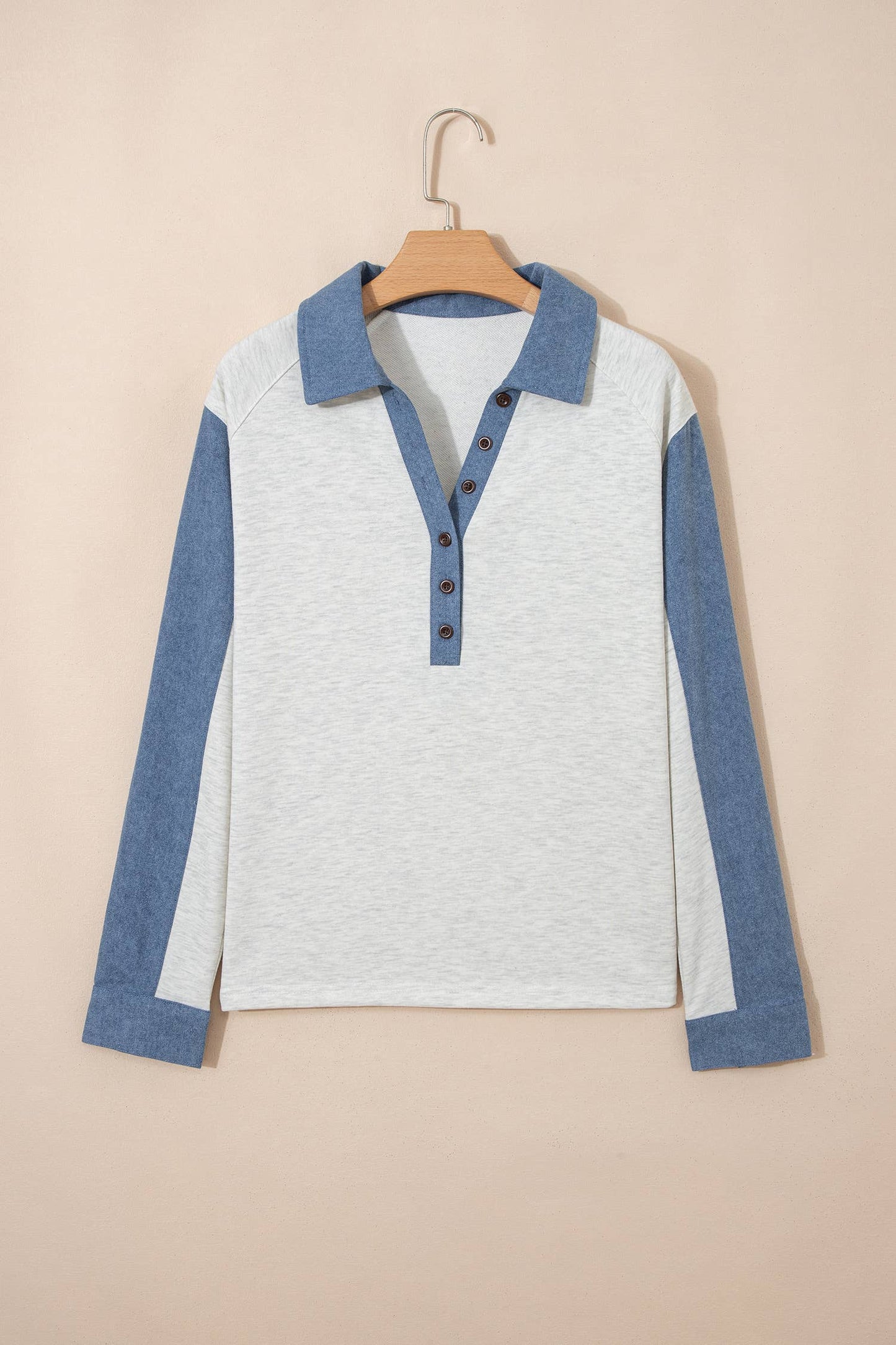 Denim-Style Patchwork Collar Half Button Top (S-XL)