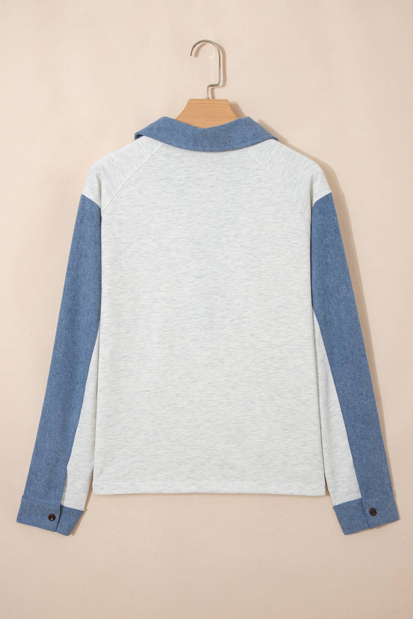 Denim-Style Patchwork Collar Half Button Top (S-XL)