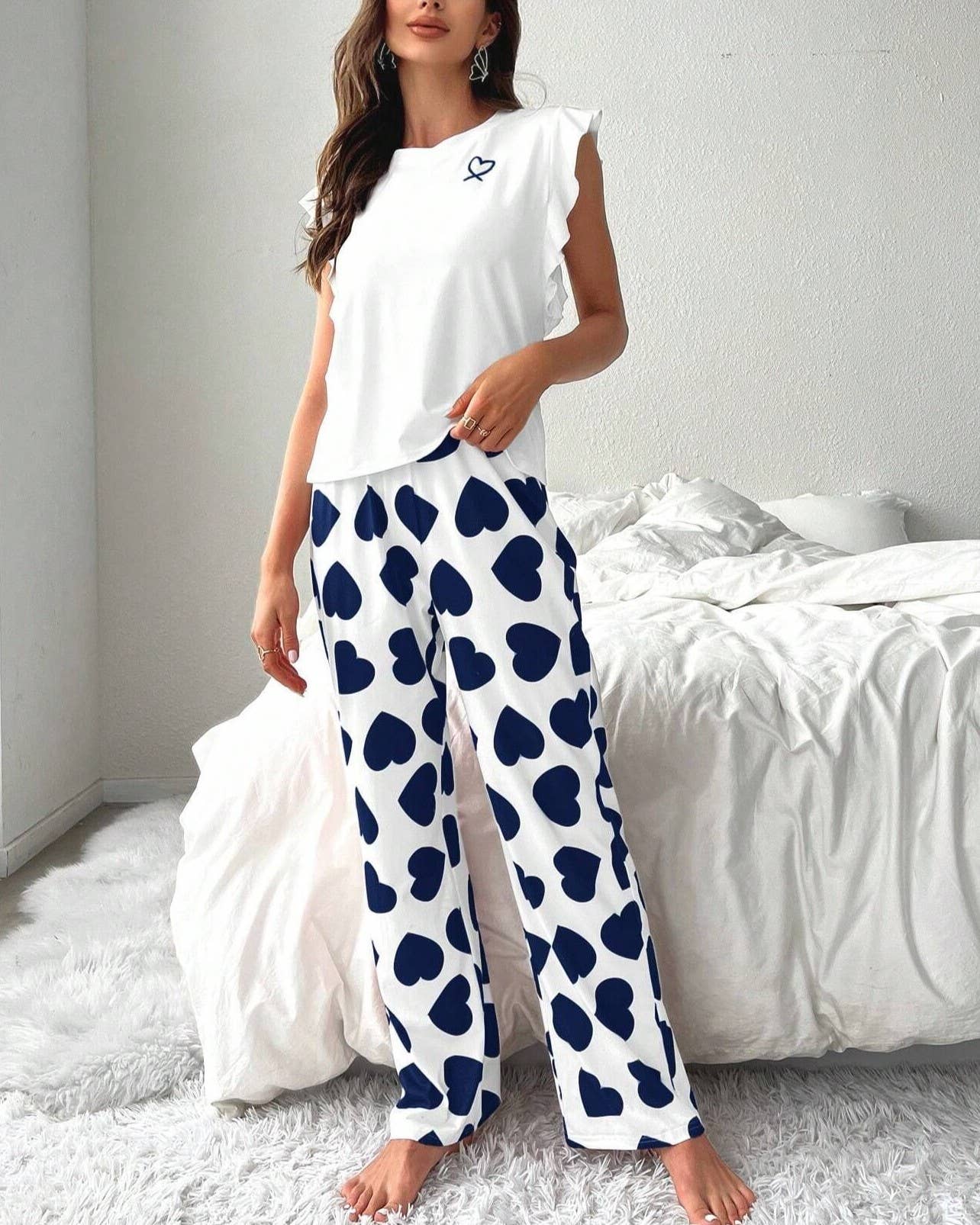 Heart Print Ruffled Sleeveless Top & Pants Pajama Set