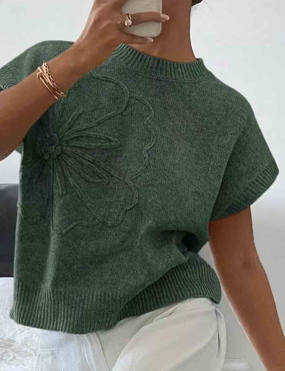 Ladies Round Neck Floral Jacquard Ribbed Knit Vest