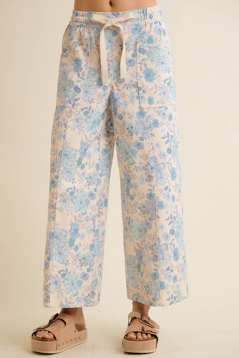 FLORAL COTTON TWILL ELASTICIZED WAIST WIDE PANTS