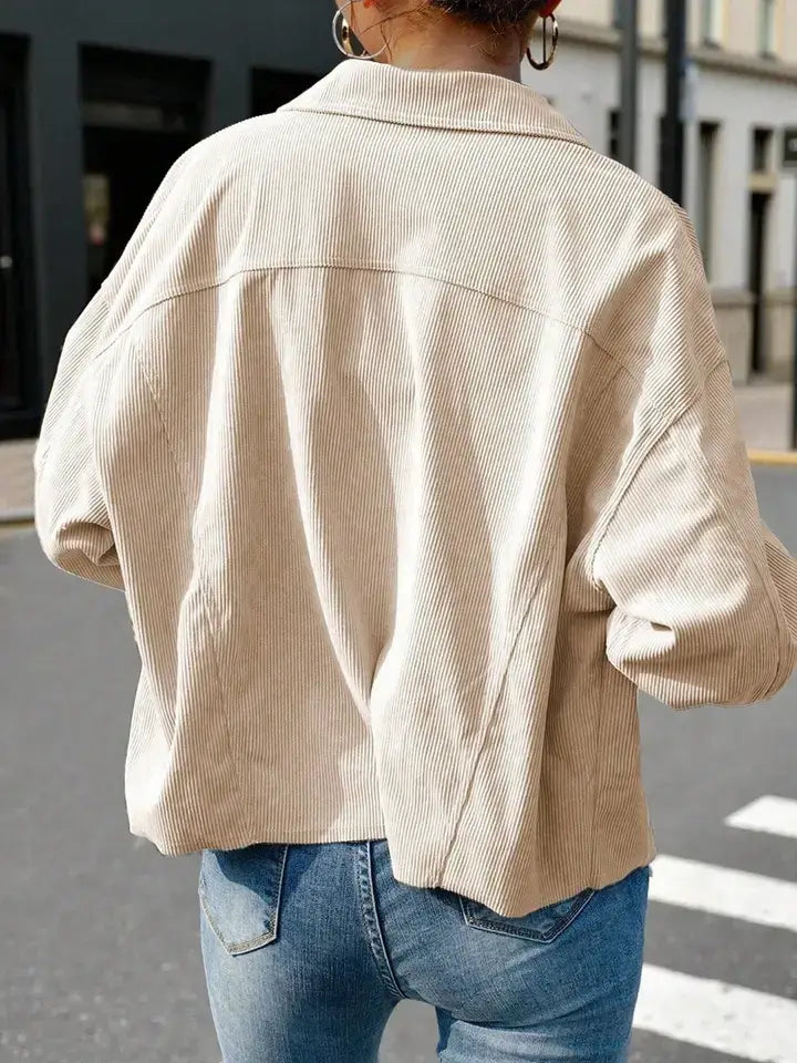 Corduroy Button Front Light Shacket with Flap Pockets