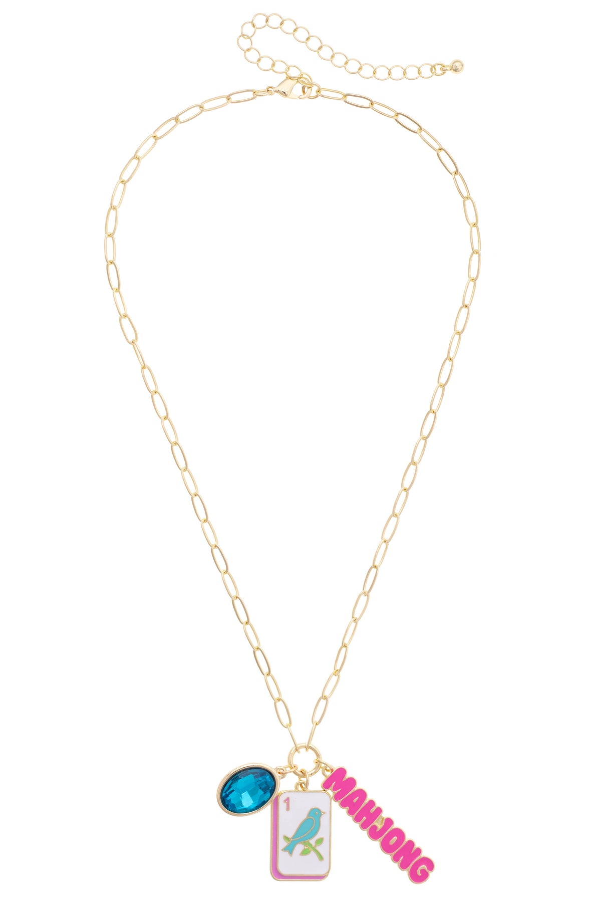 Mahjong Bird Bam Charm Necklace in Aqua, Light Pink, & Shiny Gold