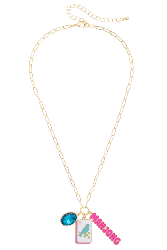Mahjong Bird Bam Charm Necklace in Aqua, Light Pink, & Shiny Gold