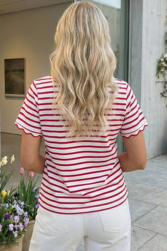 Stripe Scalloped Trim Round Neck T Shirt
