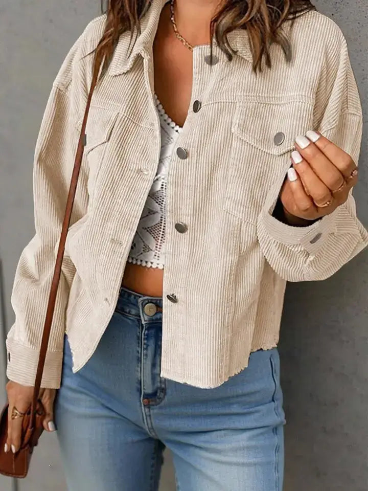Corduroy Button Front Light Shacket with Flap Pockets