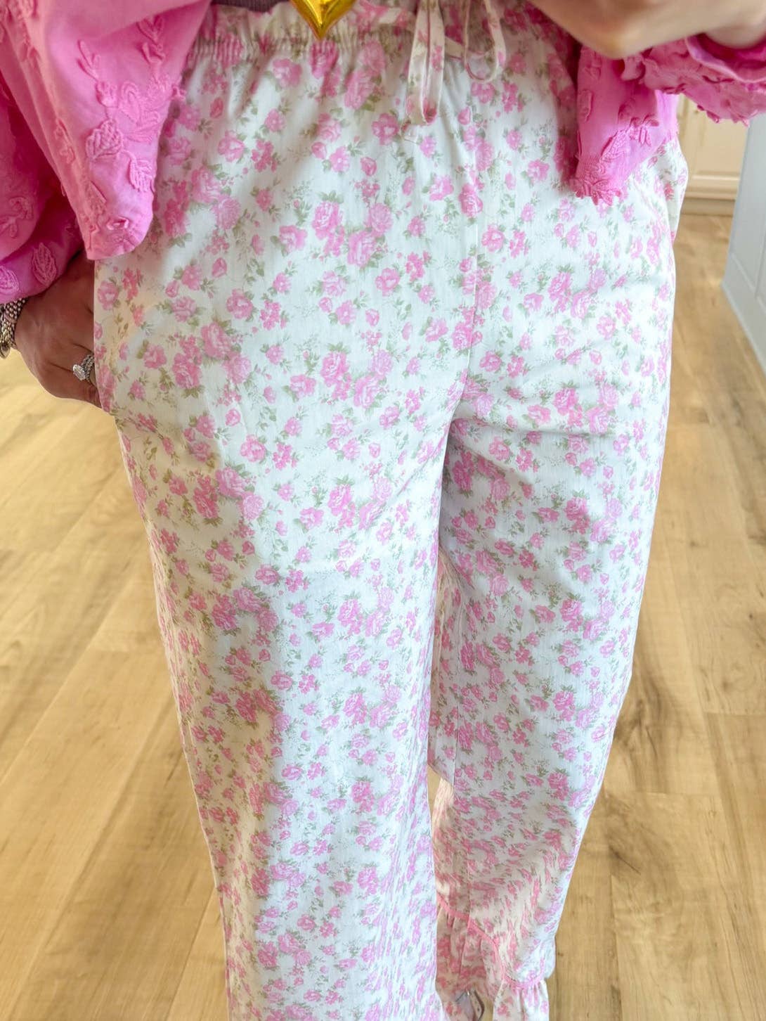 Lightweight Floral Ruffle Hem Wide Leg Pants