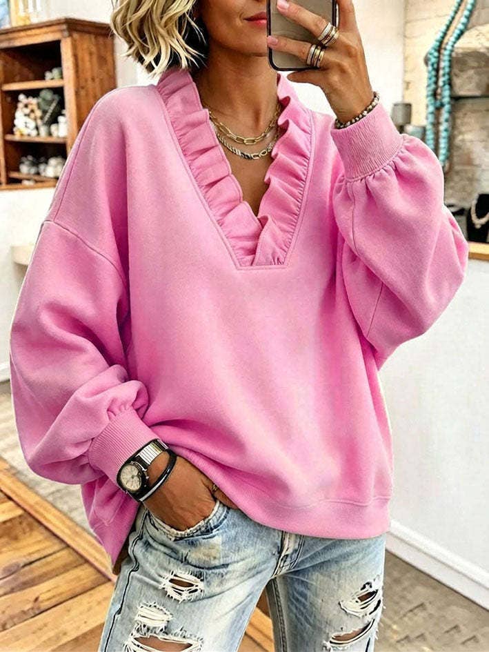 Ruffle V-Neck Loose Casual Sweatshirt