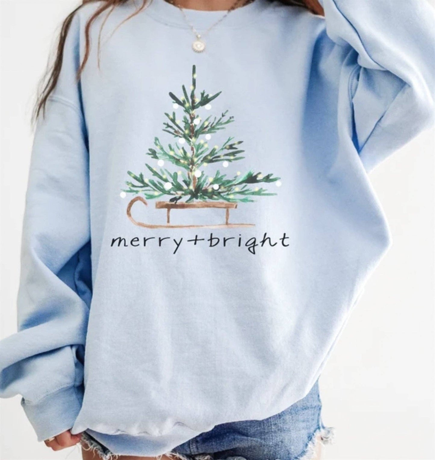 Merry + Bright Christmas Tree On Sled Crew Sweatshirt