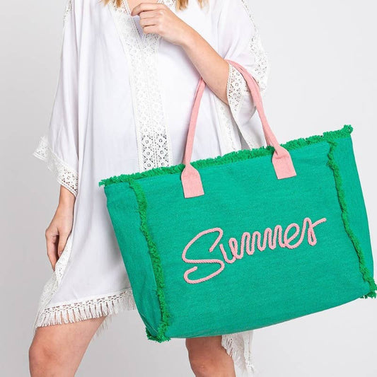 Embroidered Summer Print Fringe Tote Bag