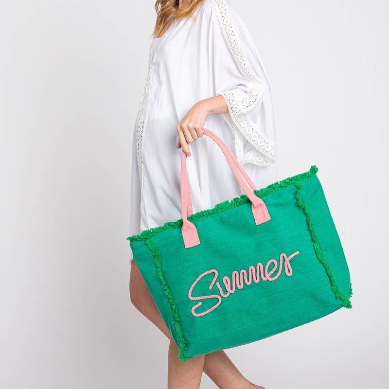 Embroidered Summer Print Fringe Tote Bag