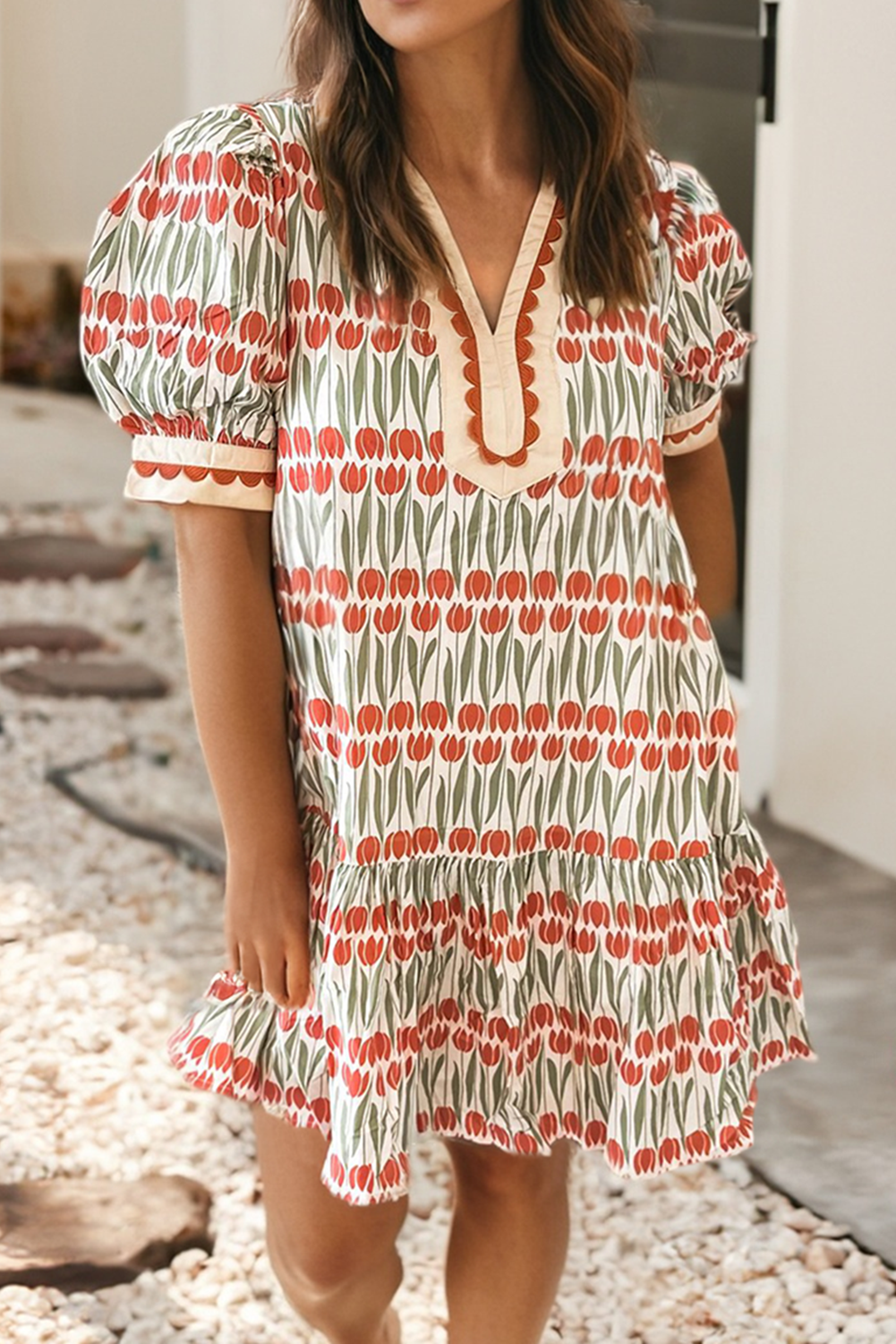 Floral Scallop Trim Split Neck Short Sleeve Mini Dress