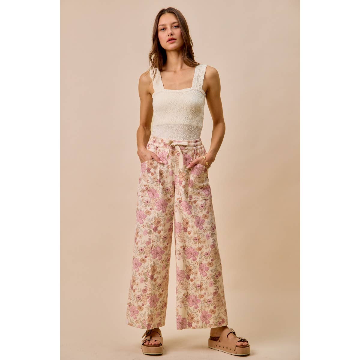 FLORAL COTTON TWILL ELASTICIZED WAIST WIDE PANTS