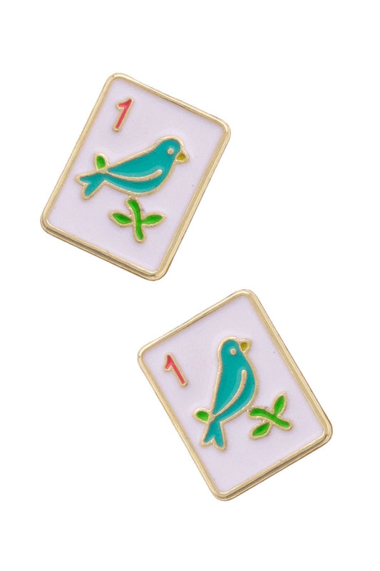 Mahjong Sparrow Tile Stud Earrings in White