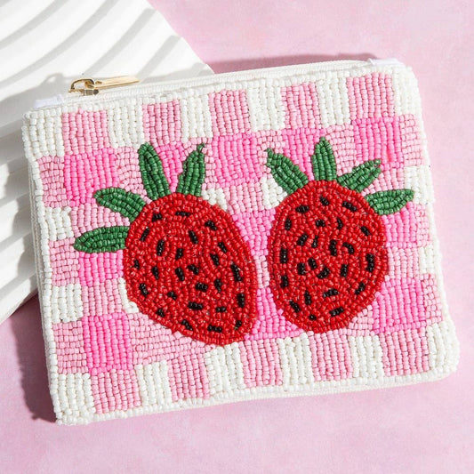 Seed Beaded Double Strawberry Coin Purse