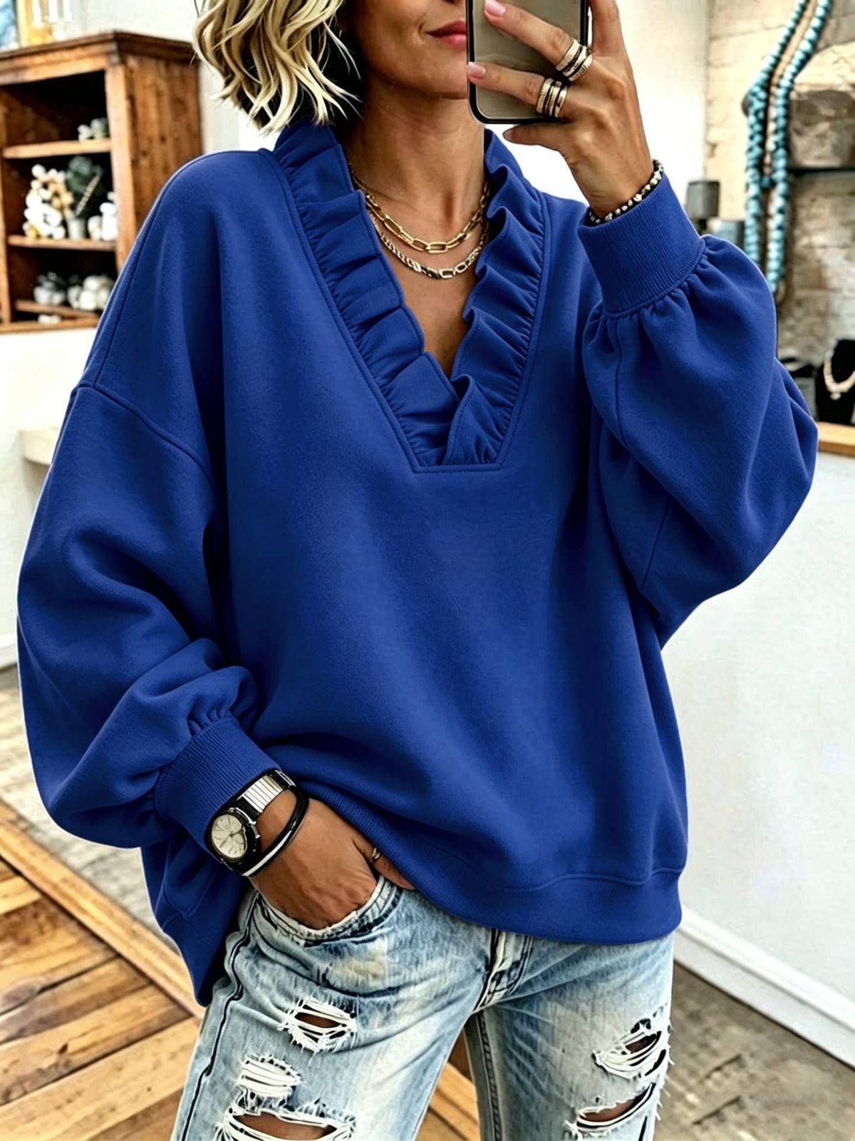 Ruffle V-Neck Loose Casual Sweatshirt
