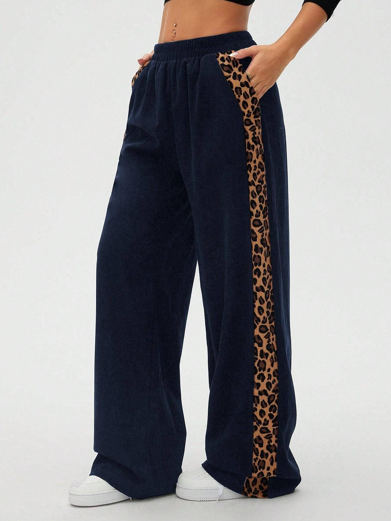 Black Leopard Print Detail Wide Leg Pants