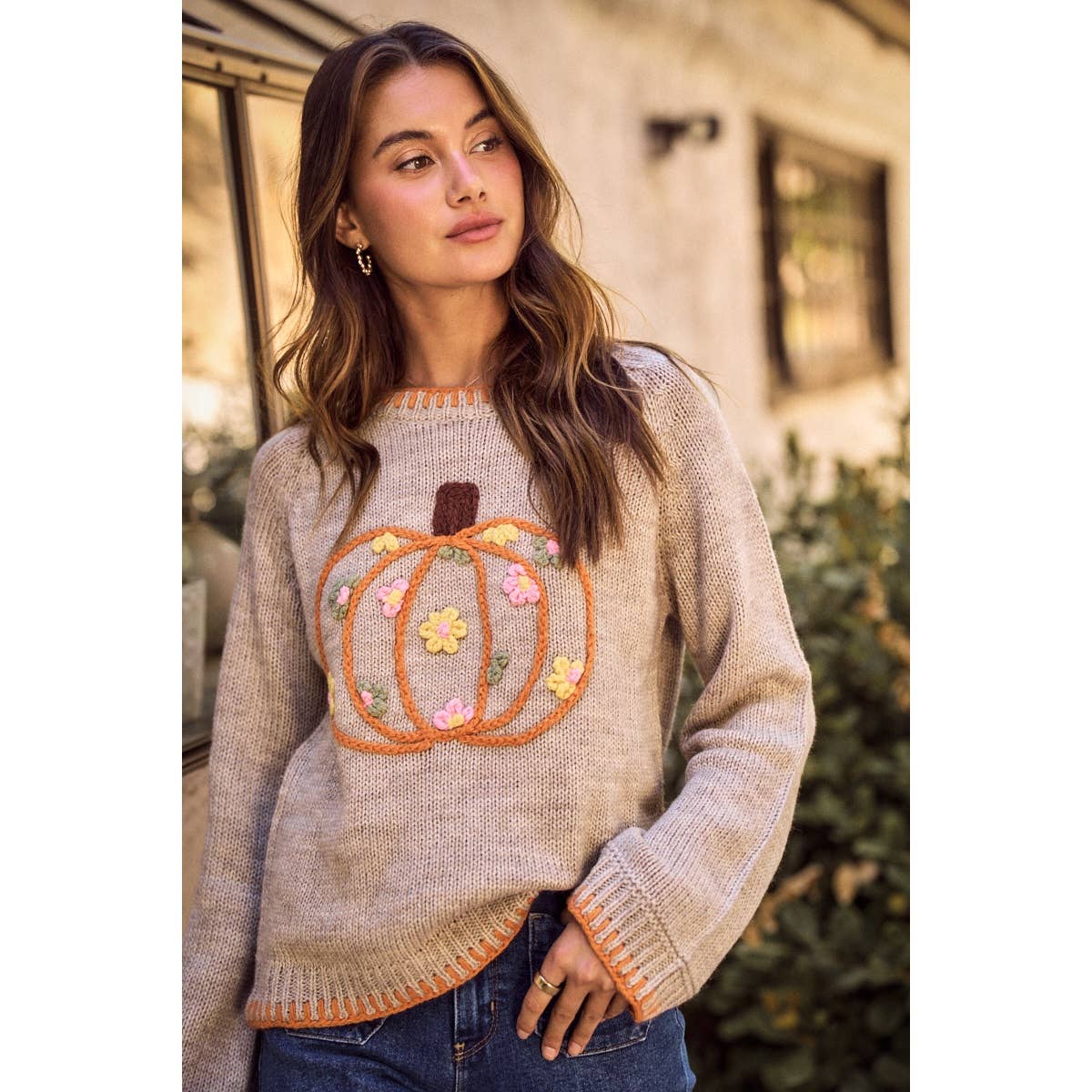 PUMPKIN FLORAL EMBROIDERED THANKSGIVING SWEATER