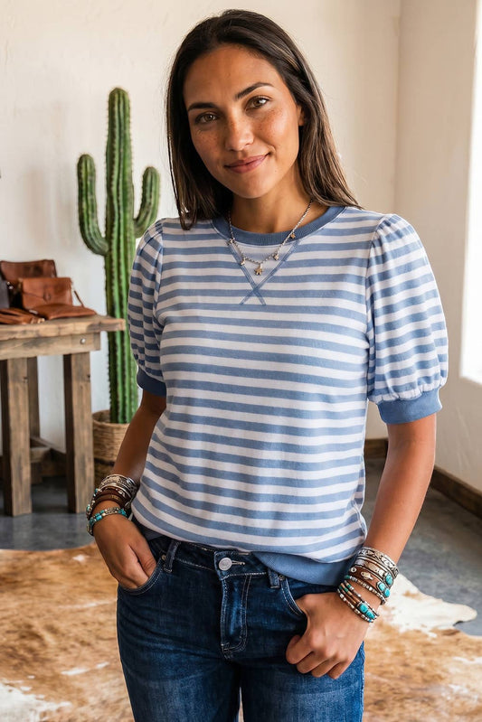 Summer 2026 Stripe Short Bubble Sleeve Colorblock T Shirt