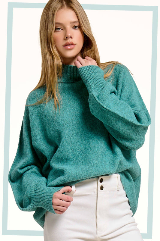 Loose Fit Balloon Sleeves Mock Neck Sweater