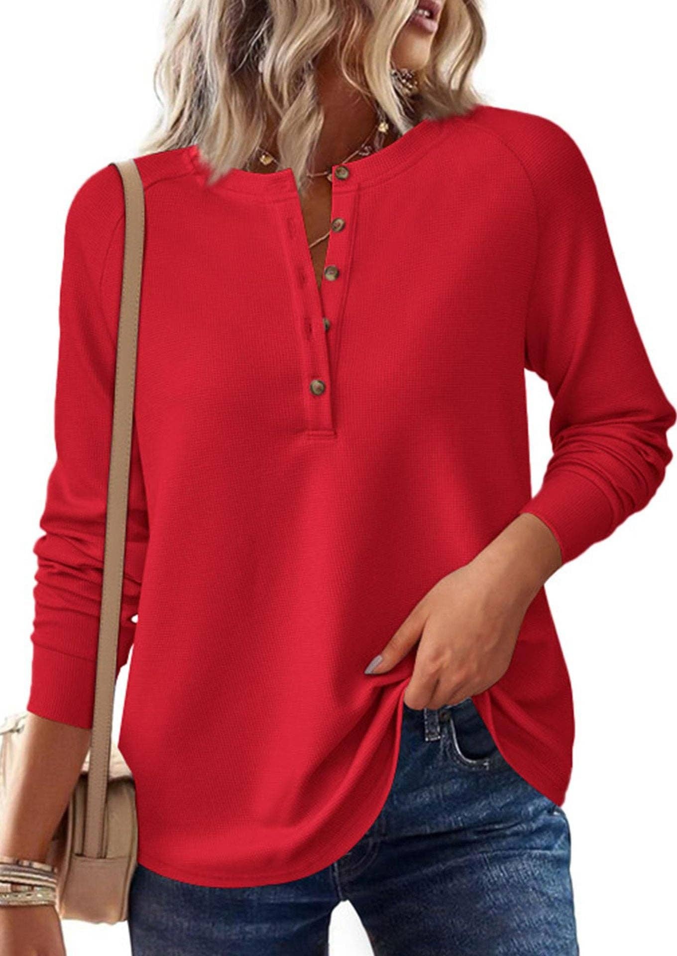 Henley Button Front Waffle Knit Long Sleeve Top