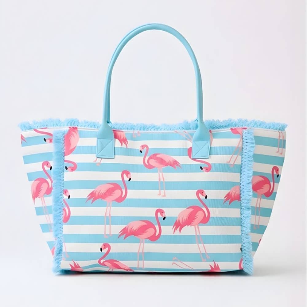 Flamingo Print Striped Tote Bag