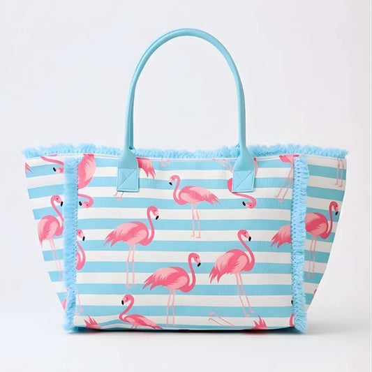 Flamingo Print Striped Tote Bag
