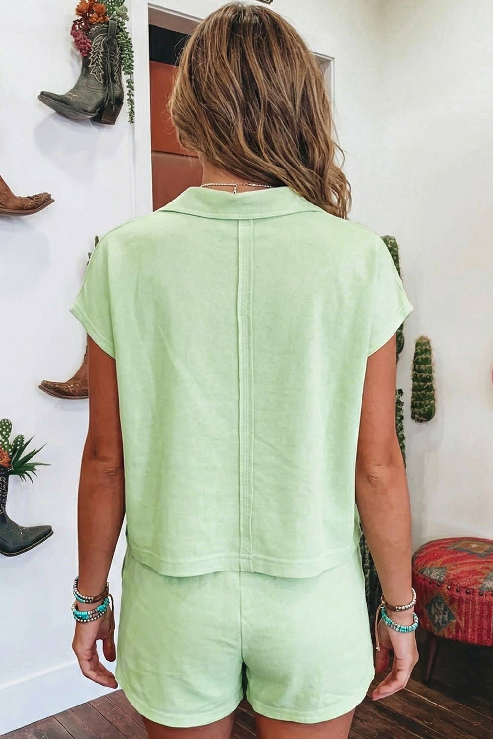 Summer Solid Loose Polo Tee Elastic Waist 2pcs Short Set