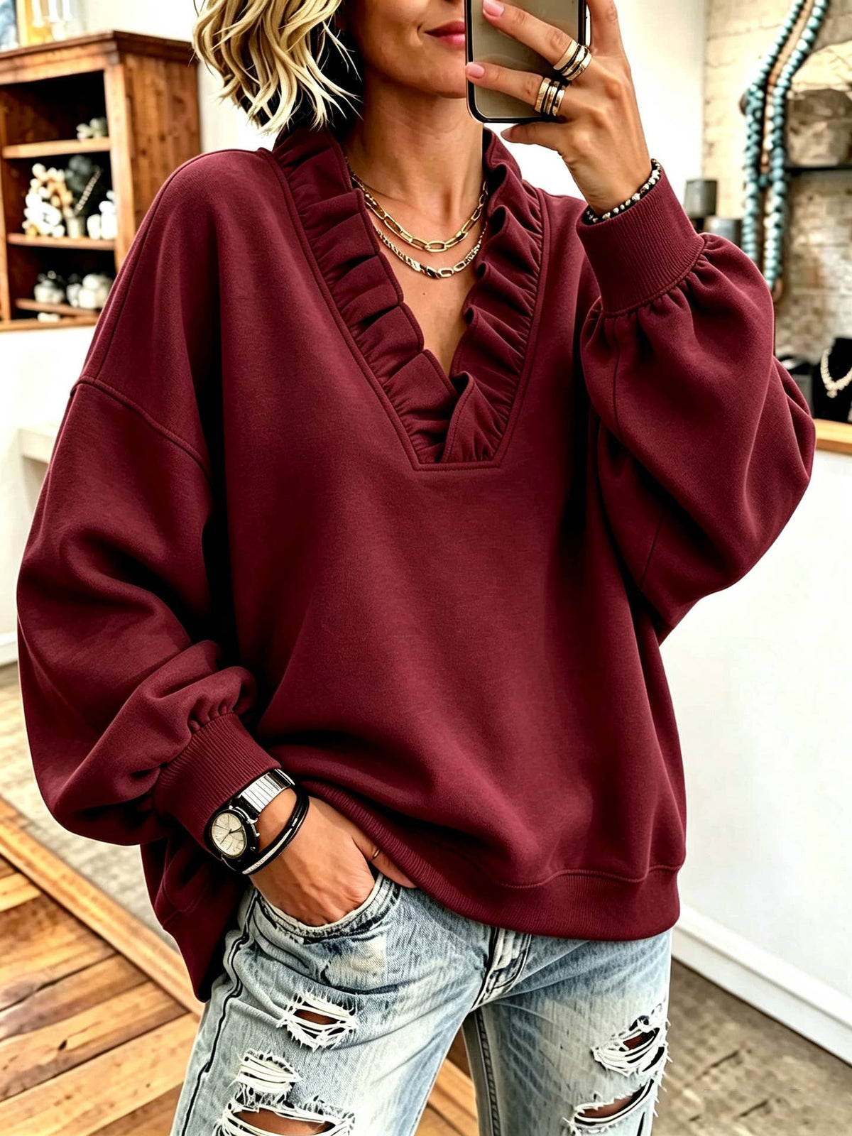 Ruffle V-Neck Loose Casual Sweatshirt