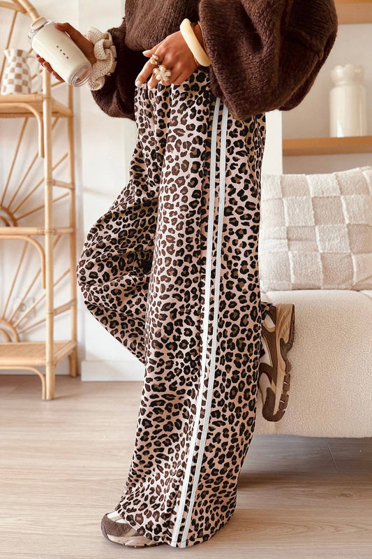 Leopard Print Side Striped Detail Wide Leg Pants