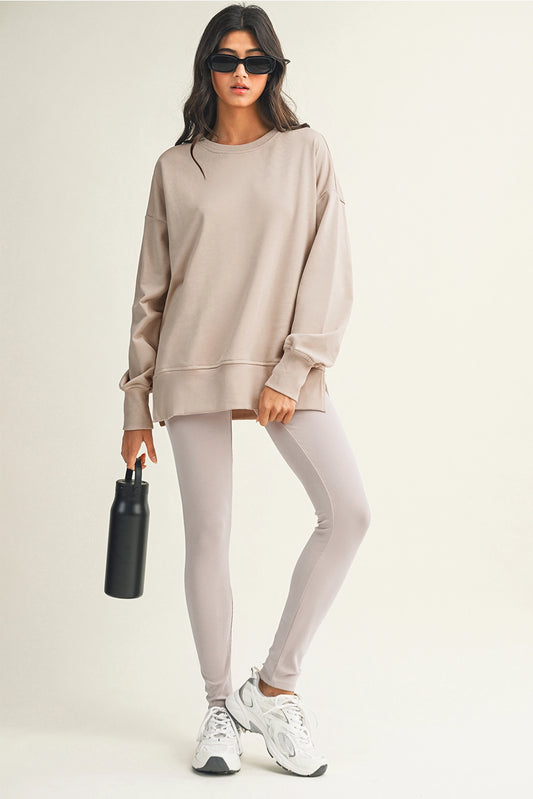 Solid Color Slit Sweatshirt Ribbed Leggings 2 Piece Set Color Green Bay