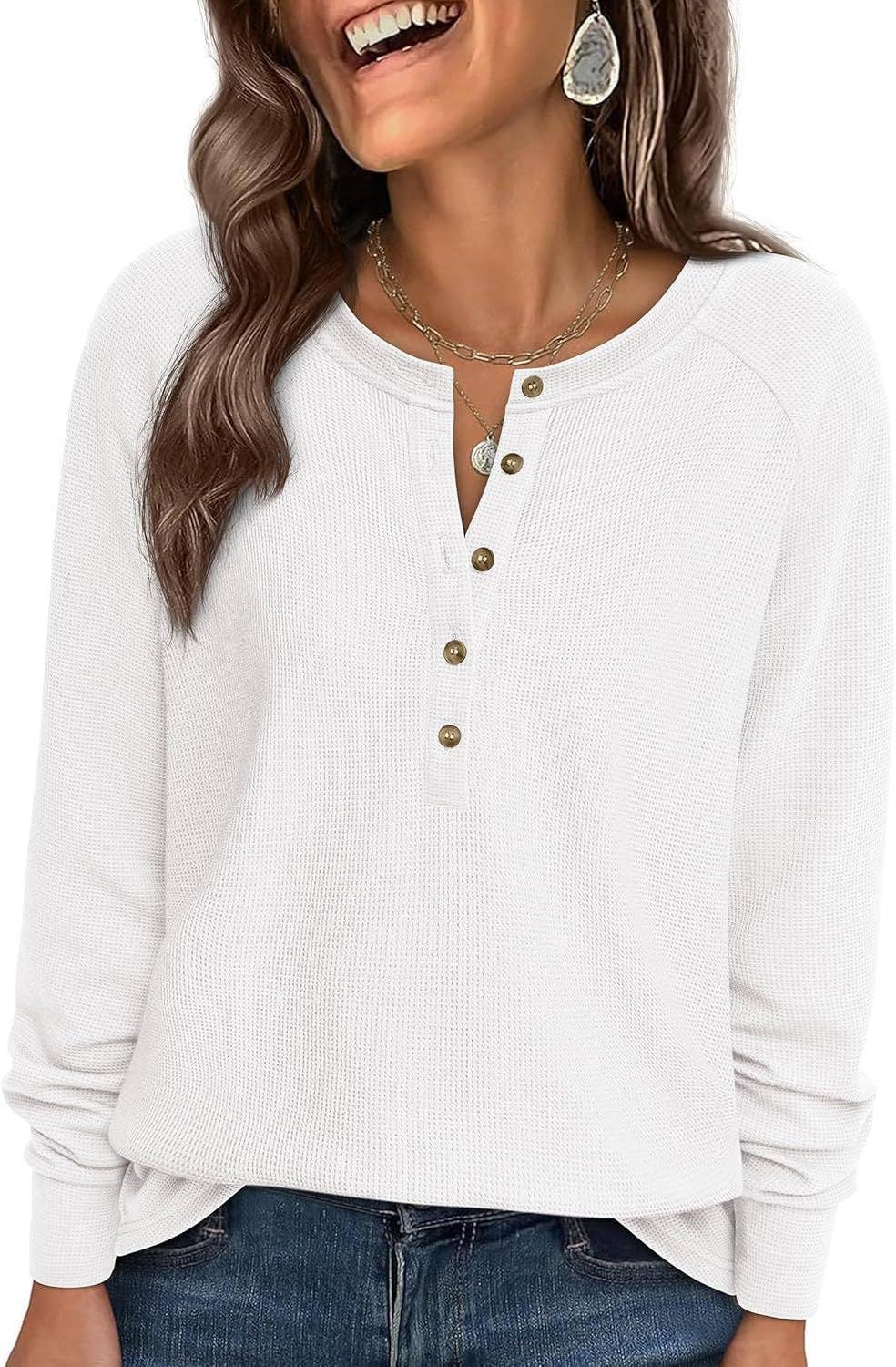 Henley Button Front Waffle Knit Long Sleeve Top