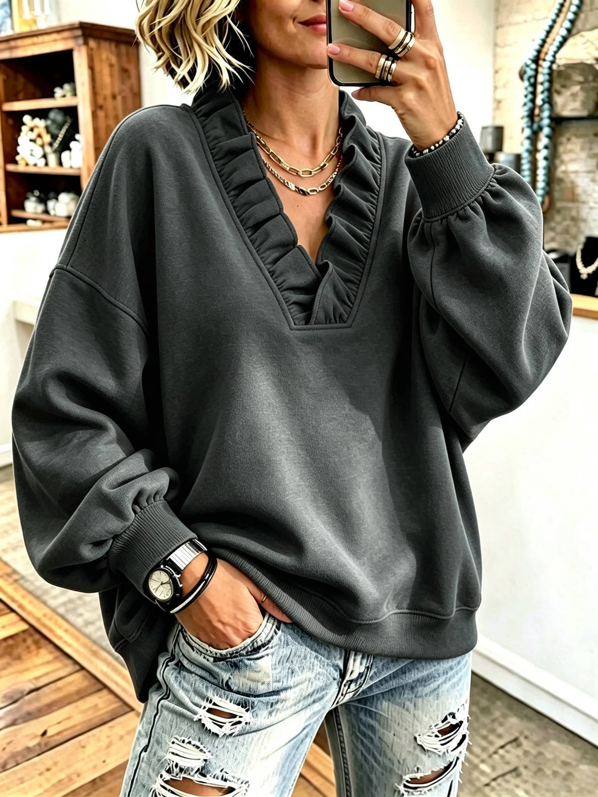 Ruffle V-Neck Loose Casual Sweatshirt