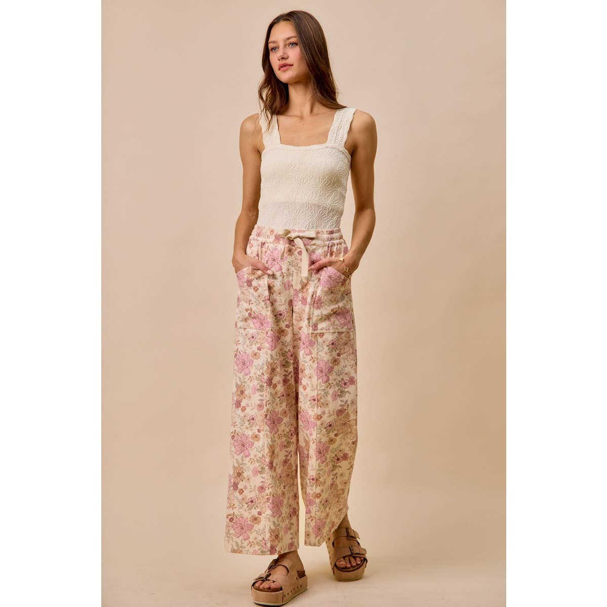 FLORAL COTTON TWILL ELASTICIZED WAIST WIDE PANTS