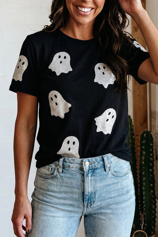 Glitter Ghost Pattern Crew Neck Halloween T Shirt