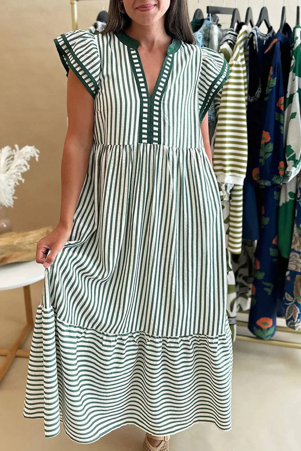 Stripe Double Ruffled Short Sleeve Contrast Trim V Neck Midi Dress