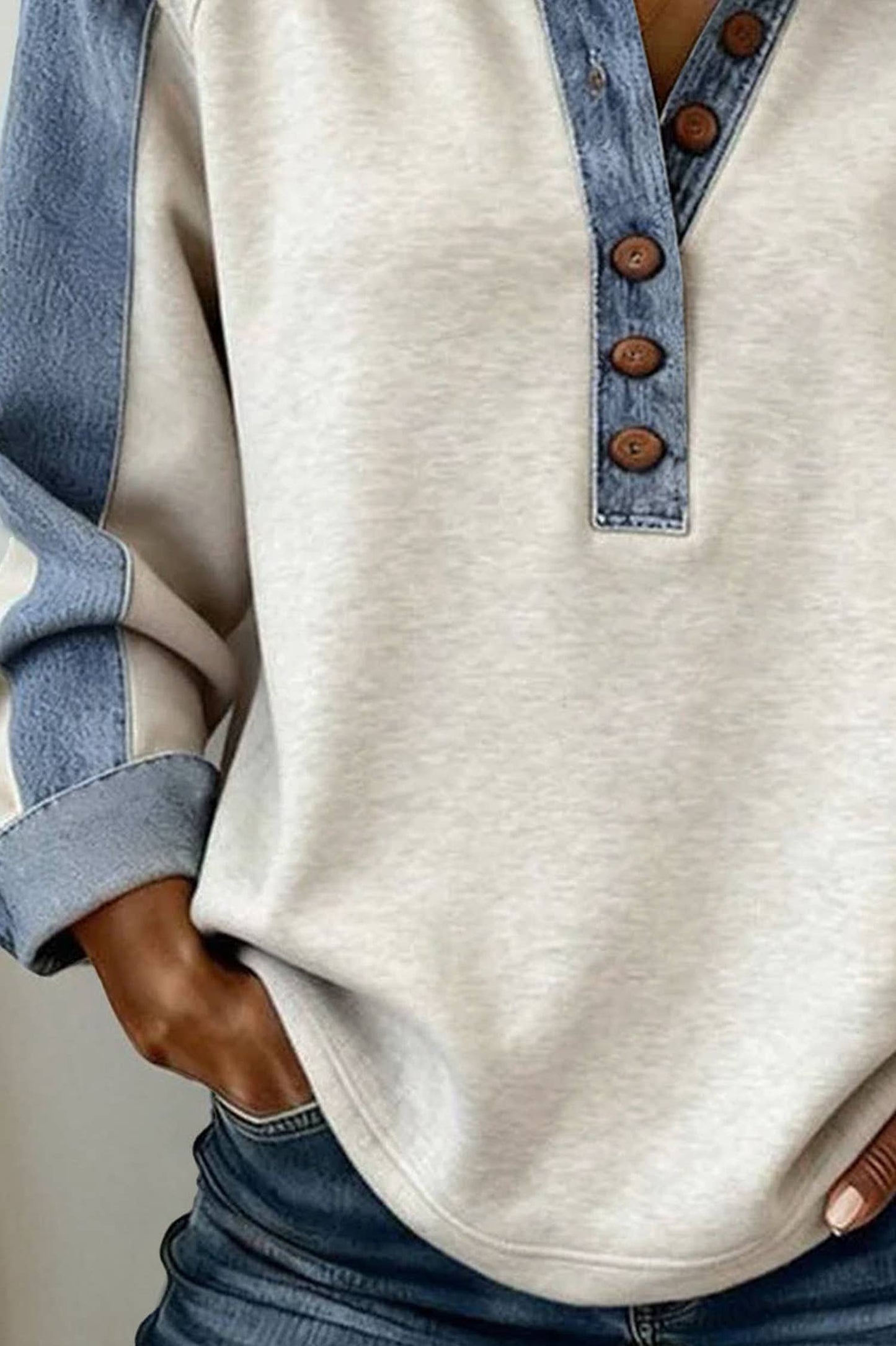 Denim-Style Patchwork Collar Half Button Top (S-XL)