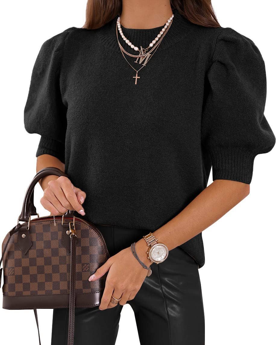 Solid Puff Sleeve Short Sleeve Knit Sweater Top