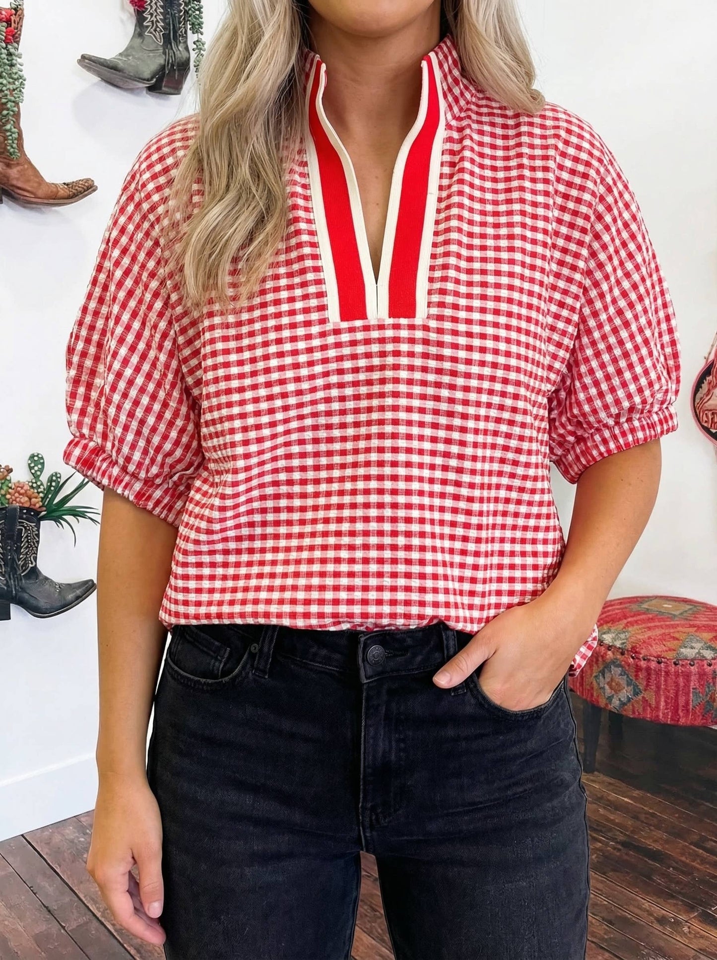 Summer Gingham Colorblock Trim Split Neck Blouse