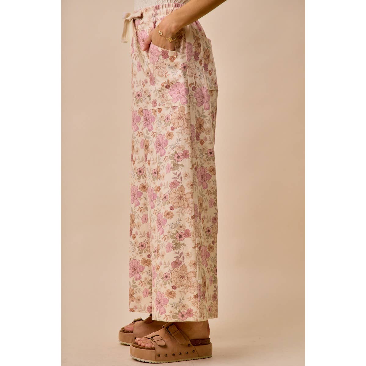 FLORAL COTTON TWILL ELASTICIZED WAIST WIDE PANTS