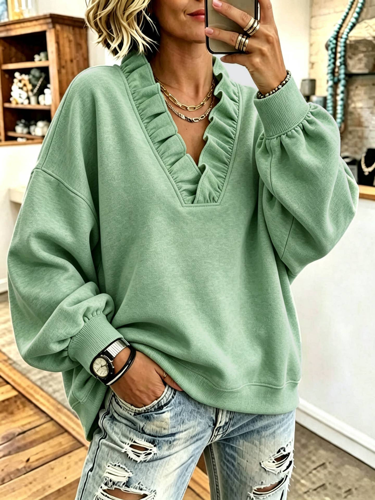 Ruffle V-Neck Loose Casual Sweatshirt