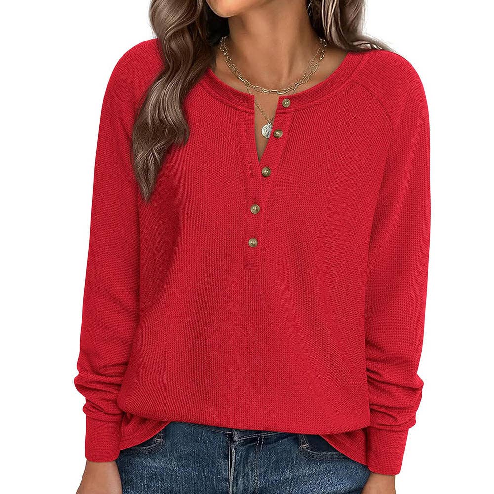 Henley Button Front Waffle Knit Long Sleeve Top